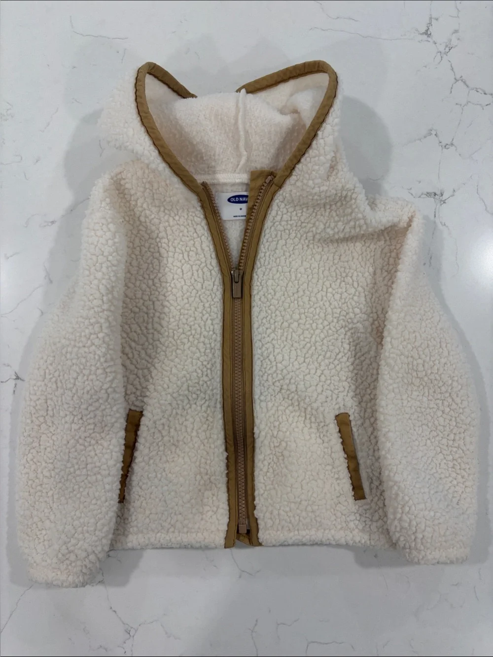 Old Navy Cream Sherpa Zip Hoodie with Tan Trim